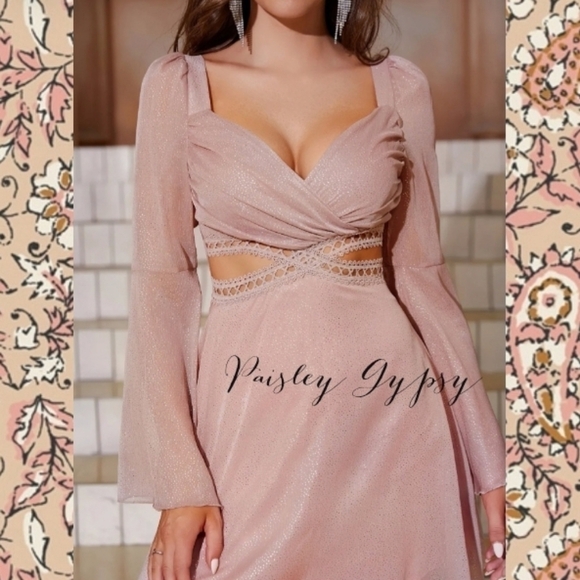 Sheer Mini Formal Dress With Bell Sleeves and Sexy Cut Outs at Waist - Picture 4 of 10